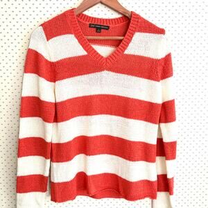 Brooks Brothers Coastal Stripe Sweater L White Coral Pink Nautical Travel Resort